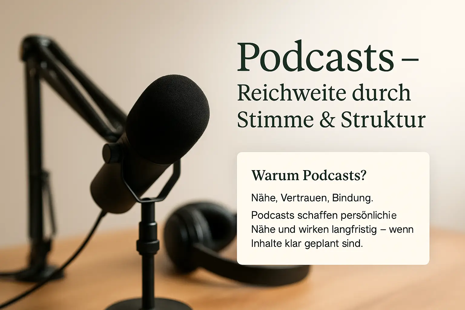 Podcasts strategisch nutzen: Mikrofon, Kopfhörer und Klangwellen als Symbol für Reichweite und Struktur.