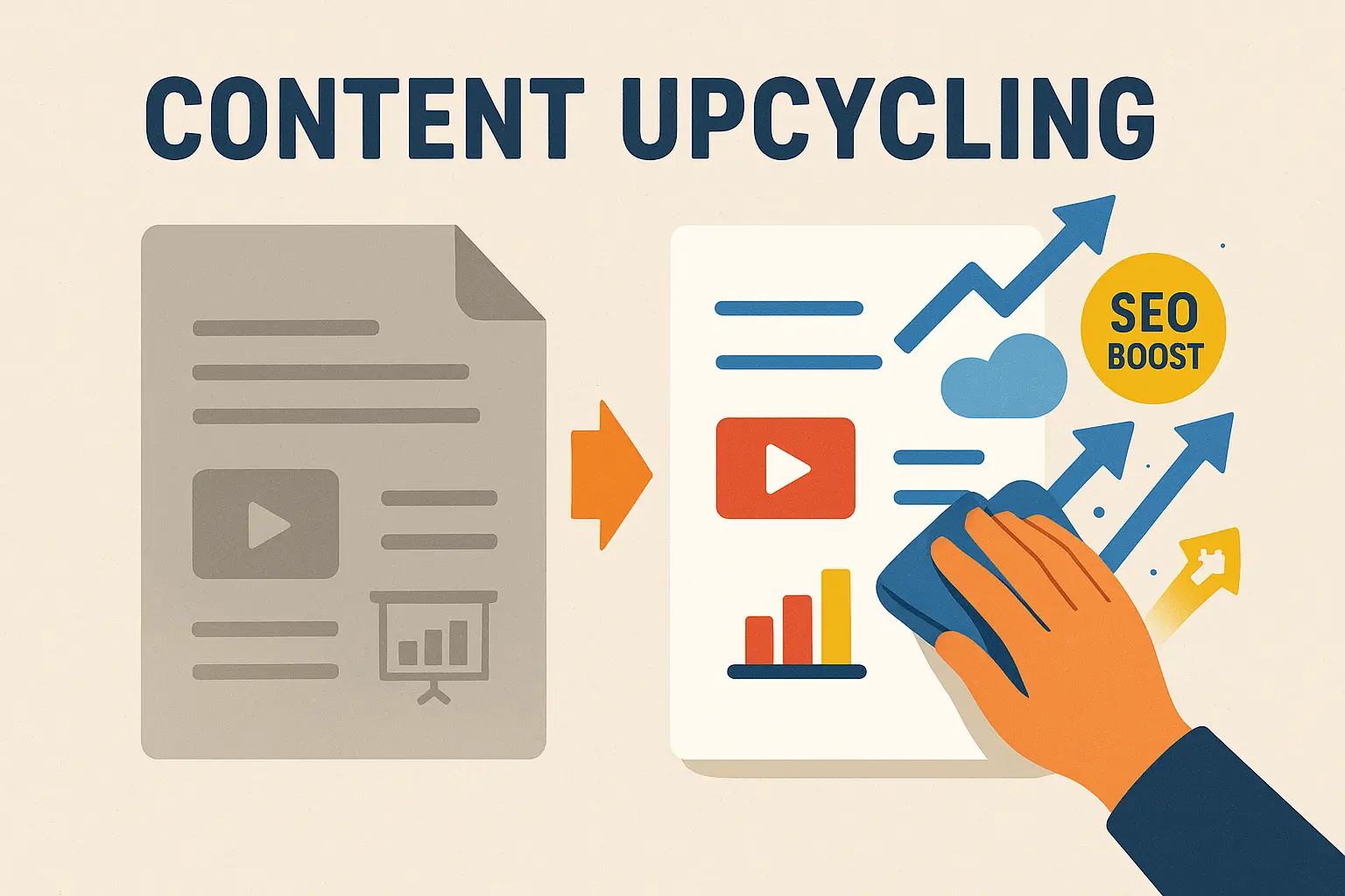 Content Upcycling: Aus alt wird besser – Illustration mit Vorher/Nachher-Dokumenten